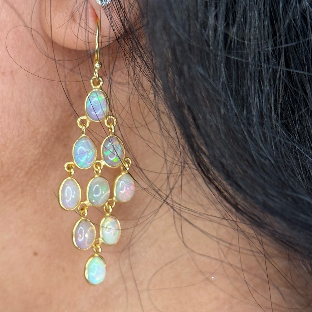 Ethiopian Opal Earrings • 2” Dangle • 925 Silver 18K Gold Plated • Handmade - Picture 8 of 10
